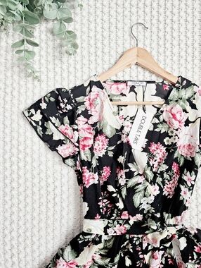 Double Take Floral Faux Wrap Flutter Sleeve Maxi Dress Side Split Large NEW